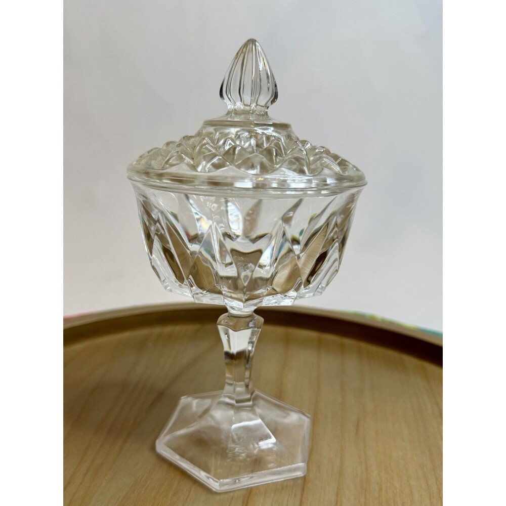Vintage Clear Cut Crystal Lidded Candy Dish Pedestal Compote 8” Diamond Pattern